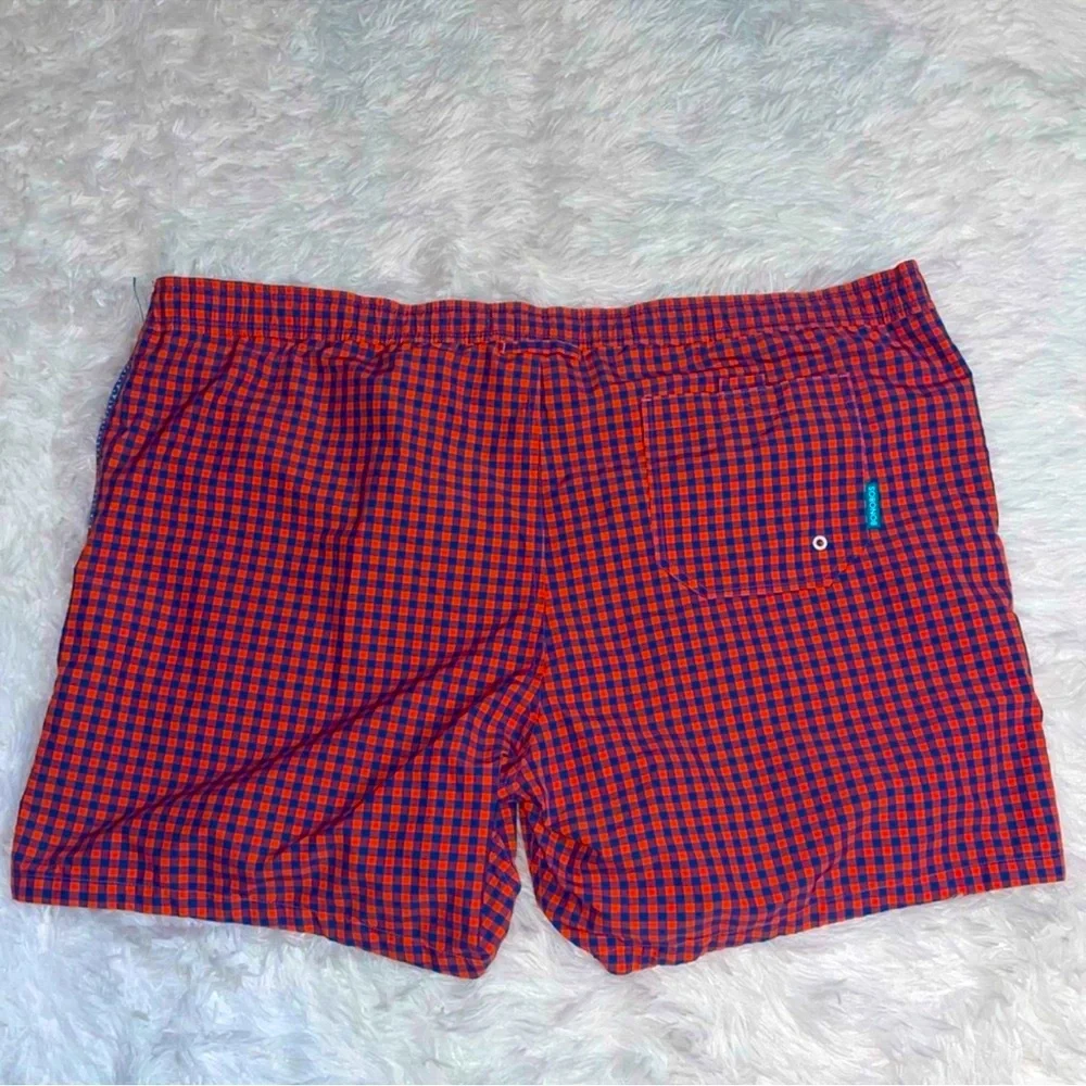 BONOBOS Mens Red & Navy Blue Plaid Check Swim Shorts Trunks